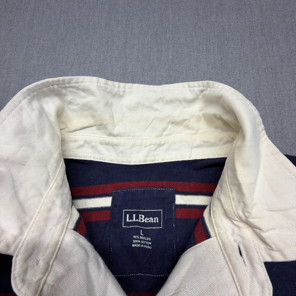 Vintage LL Bean Rugby Shirt Mens Large Navy Blue Striped Long Sleeve - Picture 4 of 7